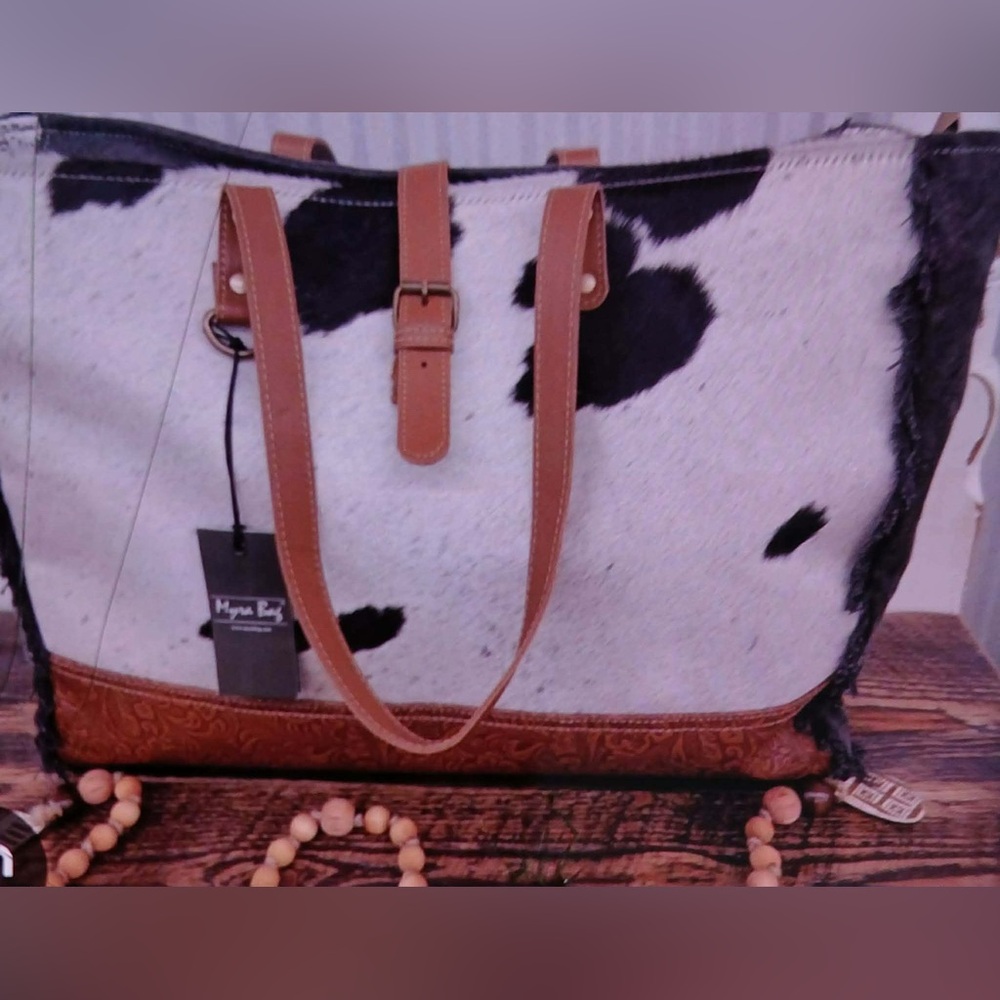 Myra Bag Black-and-White Cowhide Tote with Tan Leather Trim